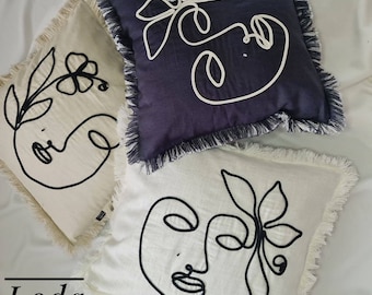 100% Natural Linen cushion covers. Abstract face embroidery. Pillow case. Linen pillow case. Line art.