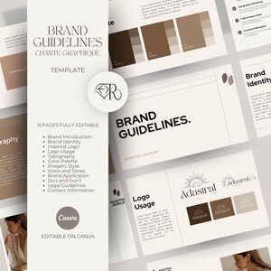 Peut inclure: Un modèle de directives de marque avec une palette de couleurs neutres. Le design comprend le texte "Brand Guidelines" et "Charte Graphique". Le modèle est entièrement modifiable sur Canva et comprend des sections sur l'identité de marque, l'utilisation du logo et les palettes de couleurs.