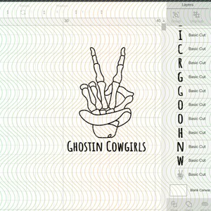 May include: Black and white line art illustration of a skeleton hand making the peace sign. The hand is wearing a cowboy hat. The text "GHOSTIN COWGIRLS" is below the hand.