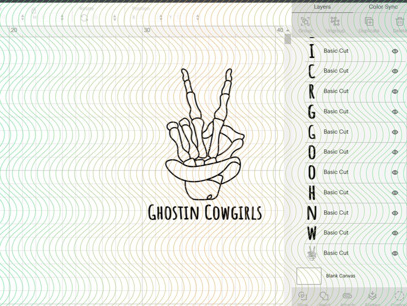 May include: Black and white line art illustration of a skeleton hand making the peace sign. The hand is wearing a cowboy hat. The text "GHOSTIN COWGIRLS" is below the hand.