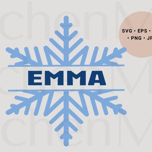 May include: A light blue snowflake design with the name "EMMA" in navy blue, centered within the snowflake. The image includes file type options: SVG, EPS, DXF, PNG, and JPG, in a circular shape.