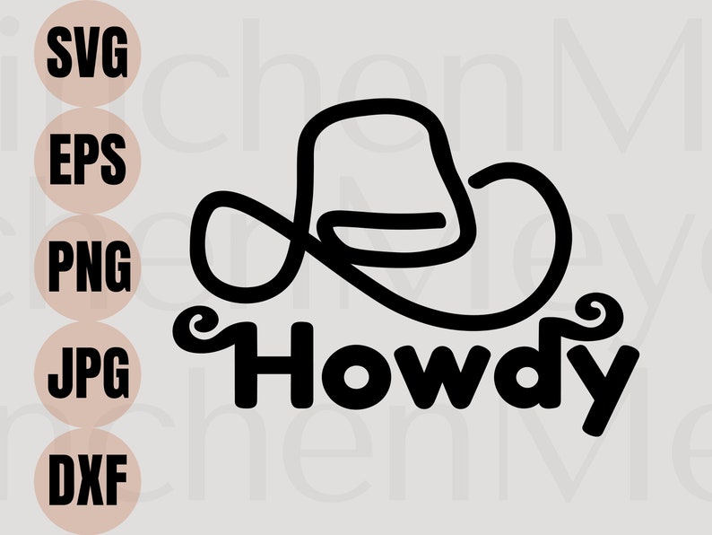 Może przedstawiać: Czarno-biała ilustracja kowbojskiego kapelusza z napisem "Howdy" pod spodem.