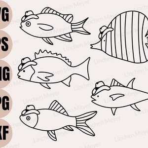 Könnte beinhalten: Ein Satz von vier Schwarzweiß-Zeichnungen von Fischen, die Cowboyhüte tragen. Die Fische sind in verschiedenen Posen, darunter schwimmen, springen und ruhen.