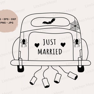Just Married Svg, Halloween Wedding Svg, Witch Bachelorette Party Svg, Honeymoon Svg, Wedding Car Svg, De heer en mevrouw Svg, Spooky Bachelorette