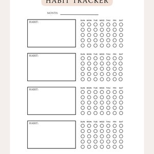 Peut inclure: Un mod&egrave;le d'organisateur d'habitudes imprimable en noir et blanc avec quatre sections pour suivre les habitudes. Chaque section a un espace pour &eacute;crire le nom de l'habitude et une grille de cercles pour cocher les jours de la semaine. La grille est &eacute;tiquet&eacute;e avec les jours de la semaine&nbsp;: Dim, Lun, Mar, Mer, Jeu, Ven, Sam.