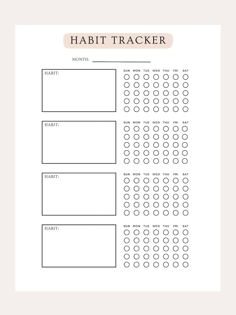 Peut inclure: Un mod&egrave;le d'organisateur d'habitudes imprimable en noir et blanc avec quatre sections pour suivre les habitudes. Chaque section a un espace pour &eacute;crire le nom de l'habitude et une grille de cercles pour cocher les jours de la semaine. La grille est &eacute;tiquet&eacute;e avec les jours de la semaine&nbsp;: Dim, Lun, Mar, Mer, Jeu, Ven, Sam.