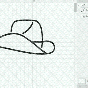 May include: A black and white line drawing of a hat with a wide brim.