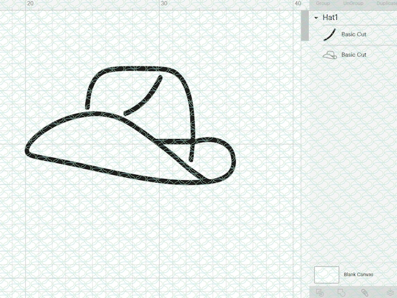 May include: A black and white line drawing of a hat with a wide brim.
