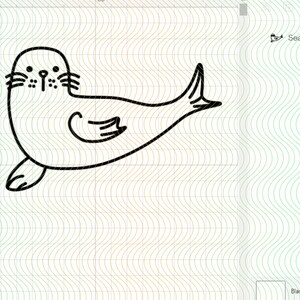 May include: A black and white line drawing of a seal with a simple, cartoon-like style. The seal is swimming with its flippers outstretched.