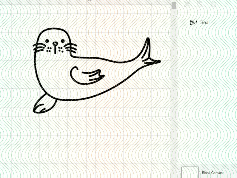 May include: A black and white line drawing of a seal with a simple, cartoon-like style. The seal is swimming with its flippers outstretched.