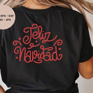 May include: Black t-shirt with red lettering that says "Feliz Navidad".