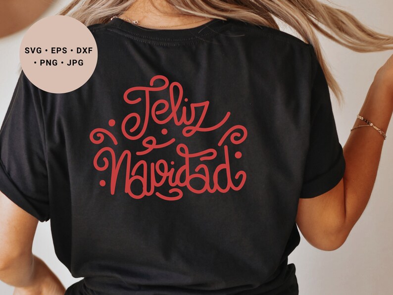 May include: Black t-shirt with red lettering that says "Feliz Navidad".