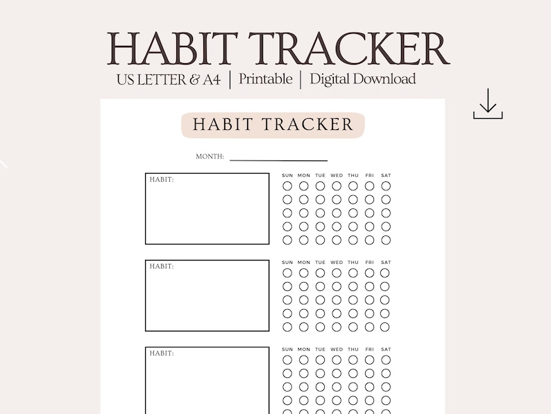 Peut inclure: Un suivi d'habitudes imprimable avec trois sections pour suivre les habitudes. Chaque section a un espace pour &eacute;crire le nom de l'habitude et une grille avec les jours de la semaine pour marquer les progr&egrave;s.