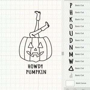 May include: Black and white line art illustration of a pumpkin with a person's legs sticking out of the top. The text "HOWDY PUMPKIN" is below the pumpkin.