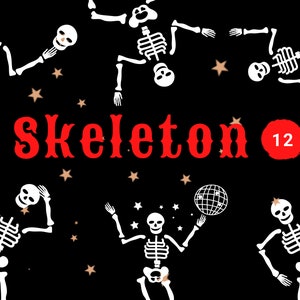 Könnte beinhalten: Ein schwarzer Hintergrund mit tanzenden weißen Skeletten und einem roten Kreis mit der Zahl 12 darin. Der Text "Skeleton" ist in roten Buchstaben geschrieben.