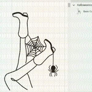 May include: Black and white line art illustration of a pair of legs with boots caught in a spider web. A spider hangs from the web.