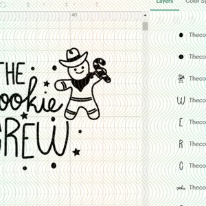 May include: Black and white digital illustration of a gingerbread cookie person wearing a cowboy hat and holding a candy cane. The text "THE cookie CREW" is written in a stylized font.