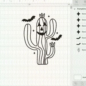 May include: A black and white illustration of a cactus with a jack-o'-lantern face. The cactus has a crown on top and is surrounded by bats. The image is on a white background with a grid pattern.