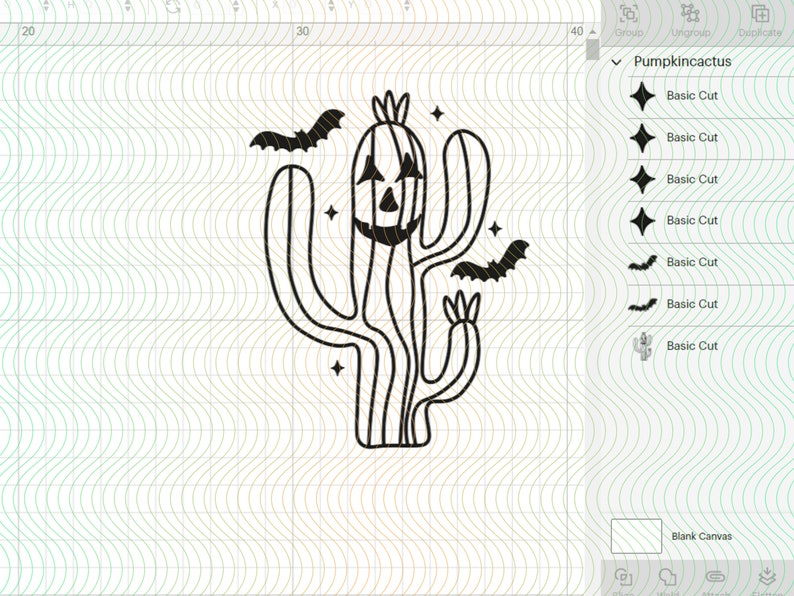 May include: A black and white illustration of a cactus with a jack-o'-lantern face. The cactus has a crown on top and is surrounded by bats. The image is on a white background with a grid pattern.