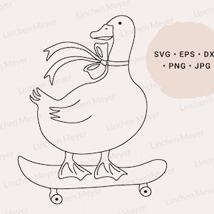 Könnte beinhalten: Eine Strichzeichnung einer Gans, die einen Schlips trägt und Skateboard fährt. Die Gans blickt nach rechts und hat ihre Flügel ausgebreitet. Das Skateboard hat Räder und steht auf einer ebenen Fläche.