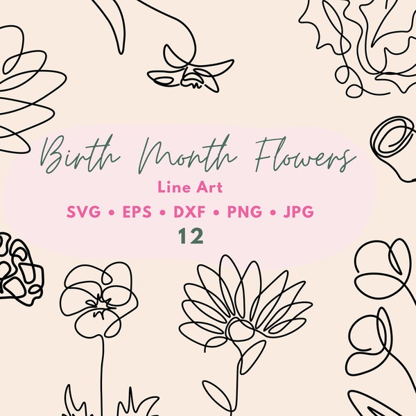 Birth Month Flower Svg Bundle, Wildflower Svg, Hand Drawn Flower, Flower Tattoo Design, Poppy Svg, Rose Svg, Daffodil Svg, Botanical, Holly