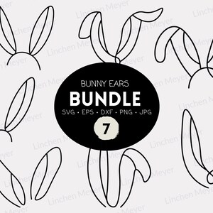 Könnte beinhalten: Ein Set mit sieben Schwarz-Weiß-Zeichnungen von Hasenohren. Die Designs sind einfach und modern und eignen sich perfekt für eine Vielzahl von Bastelarbeiten und Projekten. Der Text "BUNNY EARS BUNDLE" und "SVG EPS DXF PNG JPG" wird in einem schwarzen Kreis mit einer weißen Zahl 7 in der Mitte angezeigt.