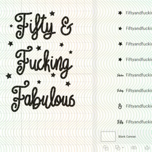 May include: Black text on a white background reads "Fifty & Fucking Fabulous" with star accents. The design is suitable for a birthday celebration, with a playful and bold font style.