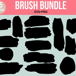 Könnte beinhalten: Ein Satz von 15 schwarzen Pinselstrich-Designs im SVG- und PNG-Format. Die Pinselstriche sind in verschiedenen Formen und Größen, darunter Kreise, Rechtecke und unregelmäßige Formen.