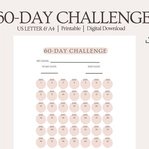 Könnte beinhalten: Ein druckbarer 60-Tage-Challenge-Tracker mit hellrosa Hintergrund. Der Tracker hat einen Bereich für ein Ziel, ein Startdatum und ein Enddatum. Es gibt 60 Kreise, jeder mit einer Nummer, die einen Tag darstellt.