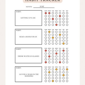 Peut inclure: Un suivi d'habitudes imprimable pour le mois de juin. Le suivi comporte quatre sections pour diff&eacute;rentes habitudes, notamment se lever &agrave; 6 h, lire un livre pendant une heure, boire 10 verres d'eau et faire une promenade le matin. Chaque section comporte une grille de calendrier avec des cases pour chaque jour du mois. Les cases peuvent &ecirc;tre coch&eacute;es pour suivre les progr&egrave;s.