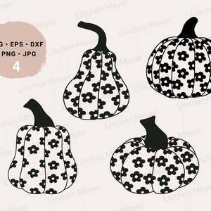 Könnte beinhalten: Vier schwarze und weiße Kürbisillustrationen mit einem Blumenmuster. Die Kürbisse sind in verschiedenen Formen und Größen.