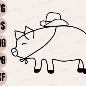 Peut inclure: Un dessin au trait noir et blanc d'un cochon portant un chapeau de cowboy. Le cochon sourit et porte un nœud papillon.