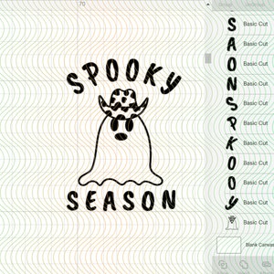 May include: Black and white graphic design of a ghost wearing a cowboy hat with the text "Spooky Season" above it.