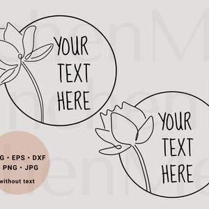 Könnte beinhalten: Zwei Schwarzweiß-Linienzeichnungen von stilisierten Blumen mit runden Rahmen. Der Text "YOUR TEXT HERE" befindet sich in jedem Rahmen.