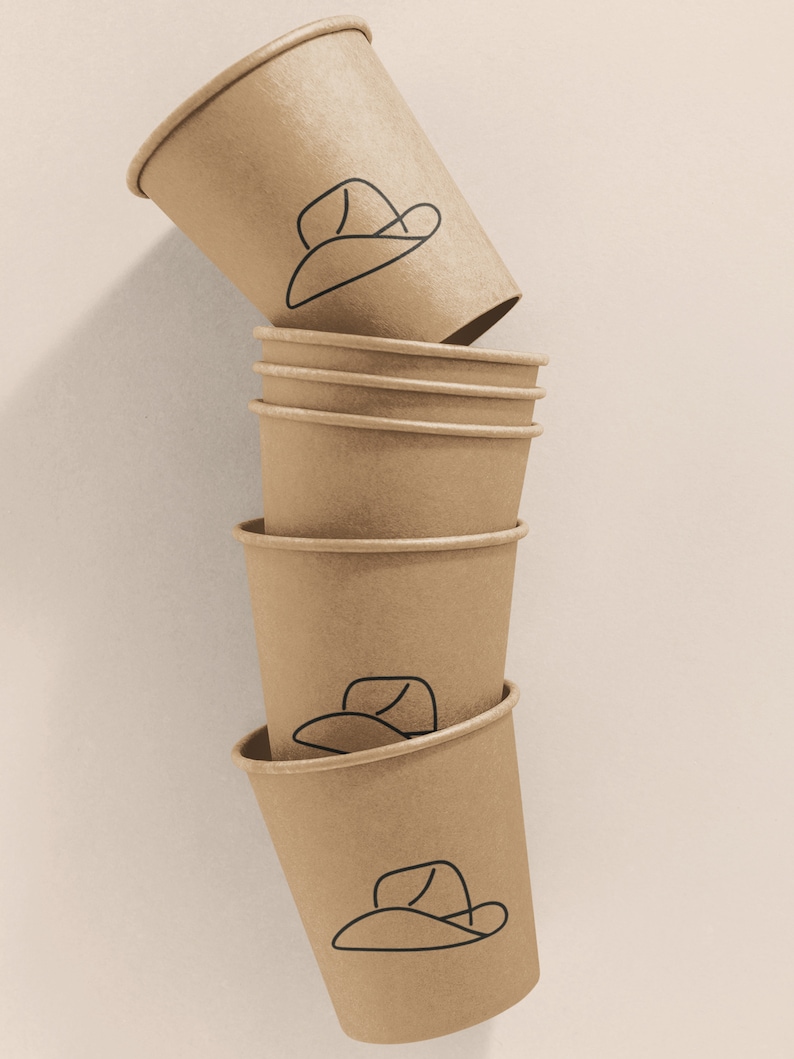 May include: A stack of six brown paper cups with a simple line drawing of a cowboy hat on each cup.