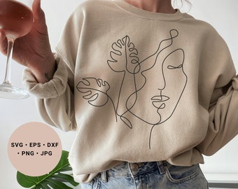 Monstera Svg, Abstract Face Svg, Monstera Leaf Svg, Floral Woman Svg, Flower Head Svg, PLant Shirt Svg, Line art Face with Leaves Svg, png