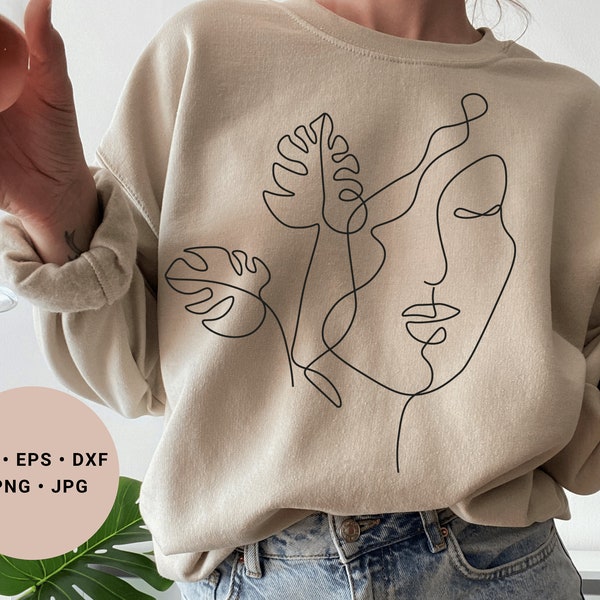 Monstera Svg, Abstract Face Svg, Monstera Leaf Svg, Floral Woman Svg, Flower Head Svg, PLant Shirt Svg, Line art Face with Leaves Svg, png