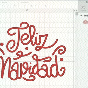 May include: Red cursive lettering that says "Feliz Navidad" on a white background with a grid pattern.
