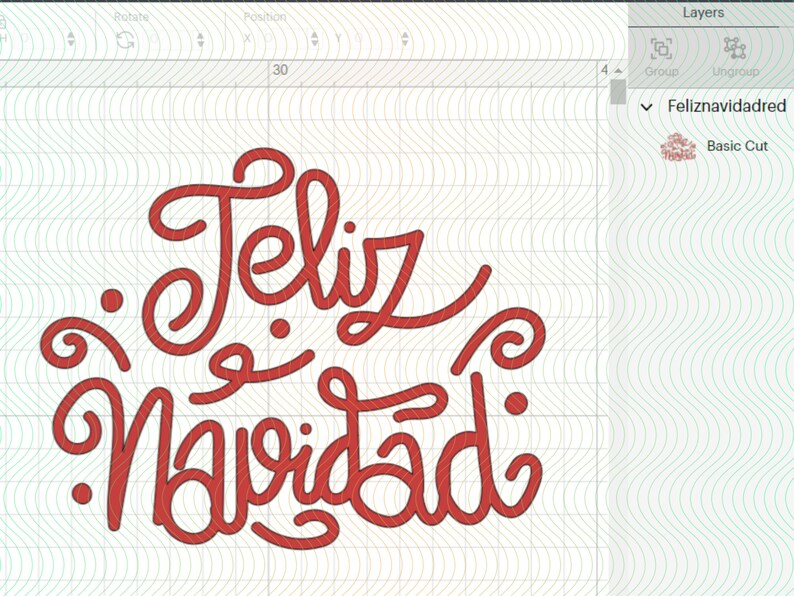 May include: Red cursive lettering that says "Feliz Navidad" on a white background with a grid pattern.