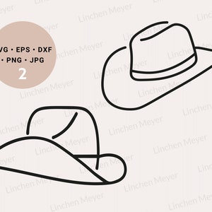 May include: Two black line drawings of cowboy hats. The hats are drawn in a simple, minimalist style.