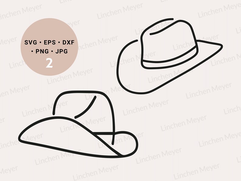 May include: Two black line drawings of cowboy hats. The hats are drawn in a simple, minimalist style.