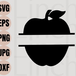 Könnte beinhalten: Schwarze und weiße Silhouette eines Apfels mit einem Blatt oben. Der Apfel ist horizontal in zwei Hälften geteilt, mit einem Platz für Text in der Mitte.