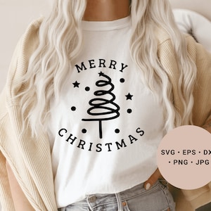 May include: A white t-shirt with a black graphic design of a stylised Christmas tree and the text "Merry Christmas".