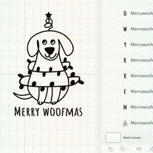 May include: A black and white illustration of a dog dressed as a Christmas tree. The dog is wearing a star on its head and has a string of lights around its body. The text "MERRY WOOFMAS" is written below the dog.