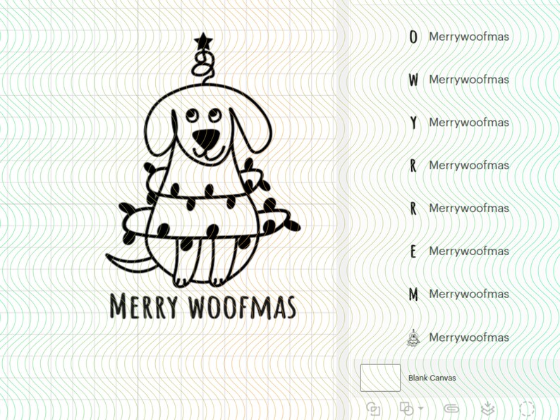 May include: A black and white illustration of a dog dressed as a Christmas tree. The dog is wearing a star on its head and has a string of lights around its body. The text "MERRY WOOFMAS" is written below the dog.