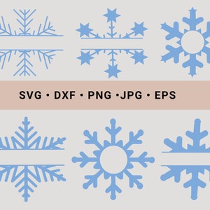 Könnte beinhalten: Sechs verschiedene blaue Schneeflocken-Designs, einige mit einem leeren Kreis in der Mitte und einige mit einem leeren Platz für Text. SVG, DXF, PNG, JPG, EPS.