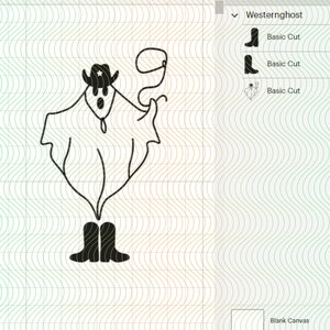 May include: A black and white line drawing of a ghost wearing a cowboy hat and boots. The ghost is holding a lasso in its right hand.