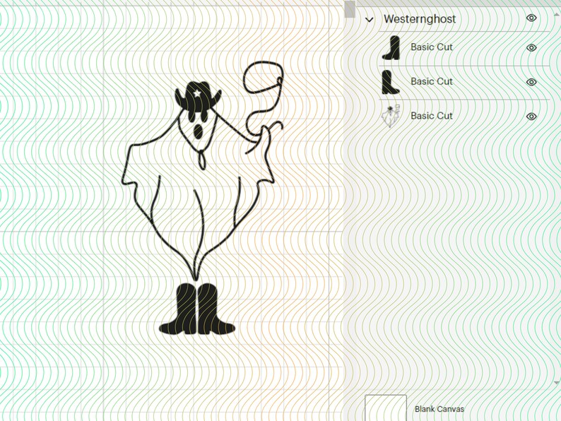 May include: A black and white line drawing of a ghost wearing a cowboy hat and boots. The ghost is holding a lasso in its right hand.