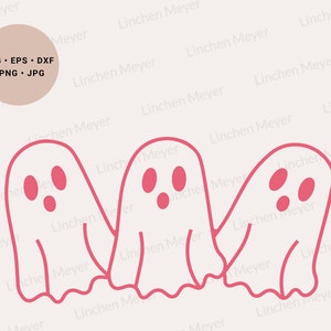 Könnte beinhalten: Drei rosa Comic-Geister mit schwarzen Augen und Mündern. Die Geister sind in einem dunkleren Rosa umrandet und in einer Reihe angeordnet.