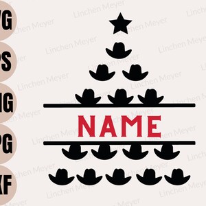 Puede incluir: Un archivo de diseño digital para un árbol de Navidad con temática de sombrero de vaquero con la palabra "NAME" en texto rojo. El diseño incluye una estrella en la parte superior del árbol y una fila de sombreros de vaquero en la parte inferior.